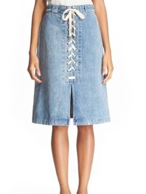 Sea New York Light Blue Lace-Up Denim Midi Front Slit Skirt Small